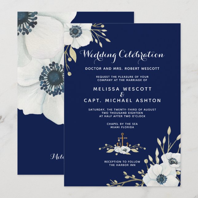 White Anemone Navy Nautical Wedding Formal Invitation (Front/Back)