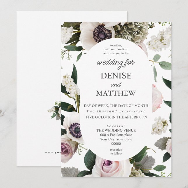 White Anemone on Bright White Wedding Invitation (Front/Back)