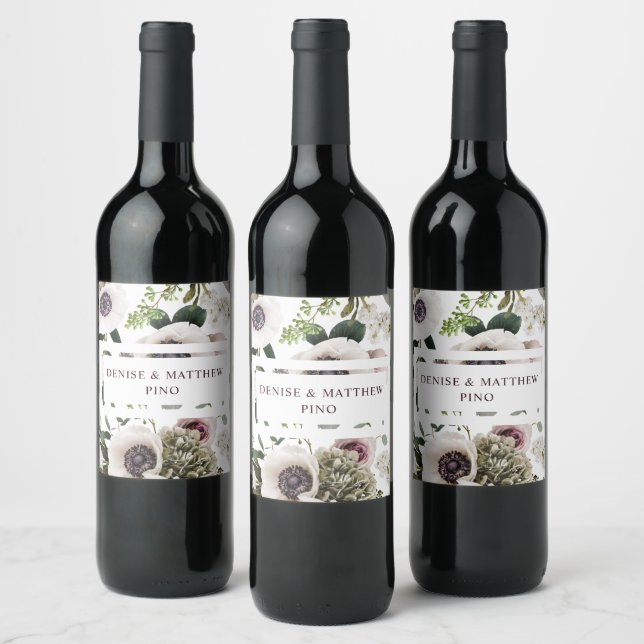 White Anemone on Bright White Wine Label (Bottles)