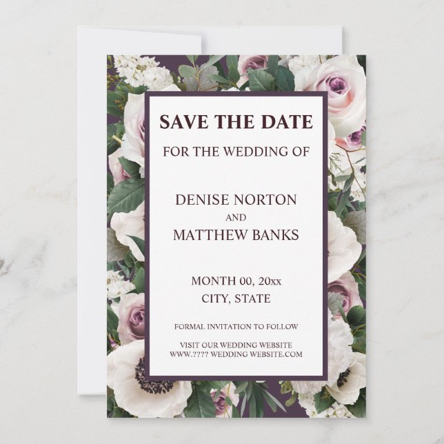 White Anemone on Midnight Plum Save The Date Invitation (Back)