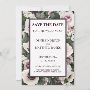 White Anemone on Midnight Plum Save The Date Invitation