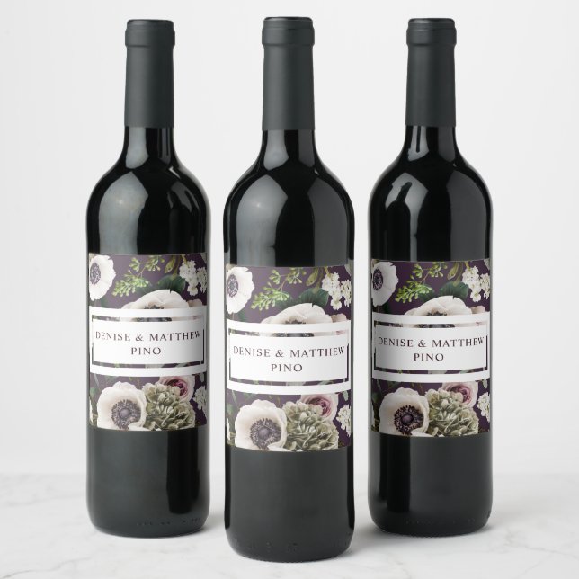 White Anemone on Midnight Plum Wine Label (Bottles)
