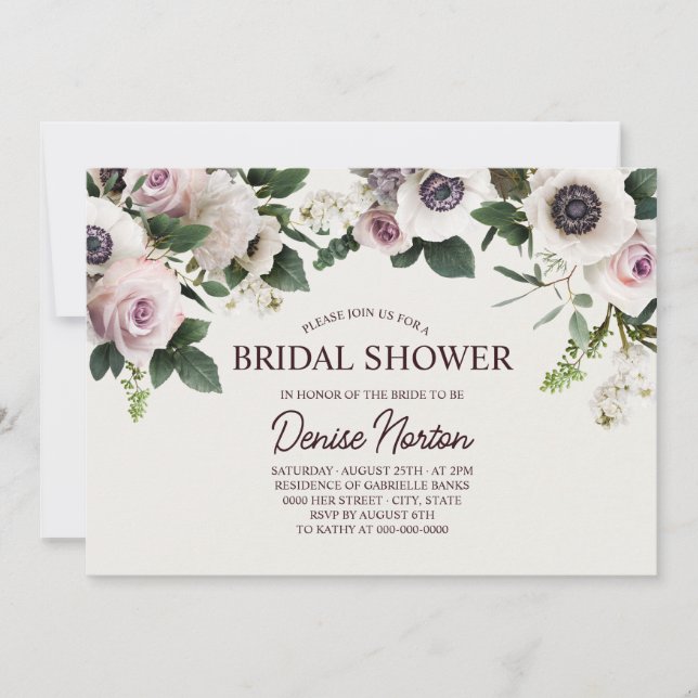 White Anemone on Snow White Bridal Shower Invitation (Front)