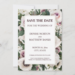 White Anemone on Snow White Save The Date Invitation