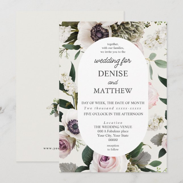 White Anemone on Snow White Wedding Invitation (Front/Back)