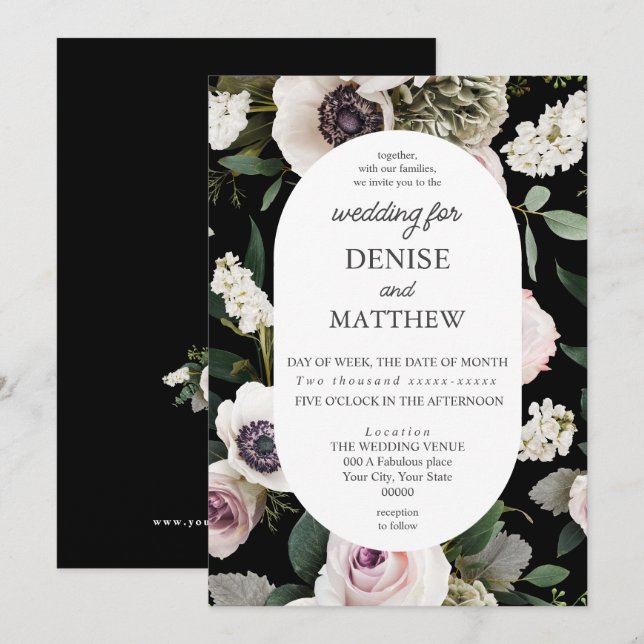 White Anemone on True Black Wedding Invitation (Front/Back)