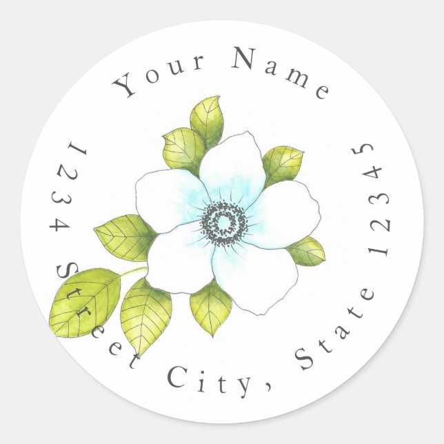 White Anemone Pen & Watercolor Flower Labels (Front)