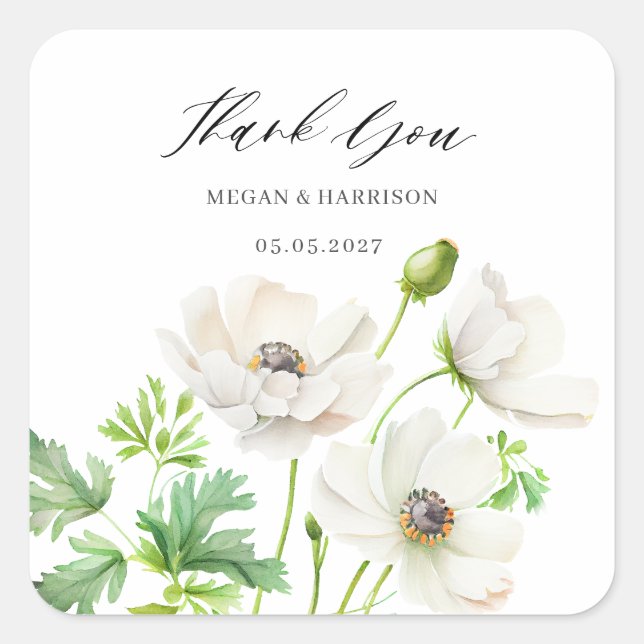 White Anemone Thank You Square Sticker (Front)