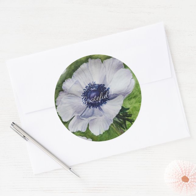 White Anemone Watercolor Floral Classic Round Sticker (Envelope)