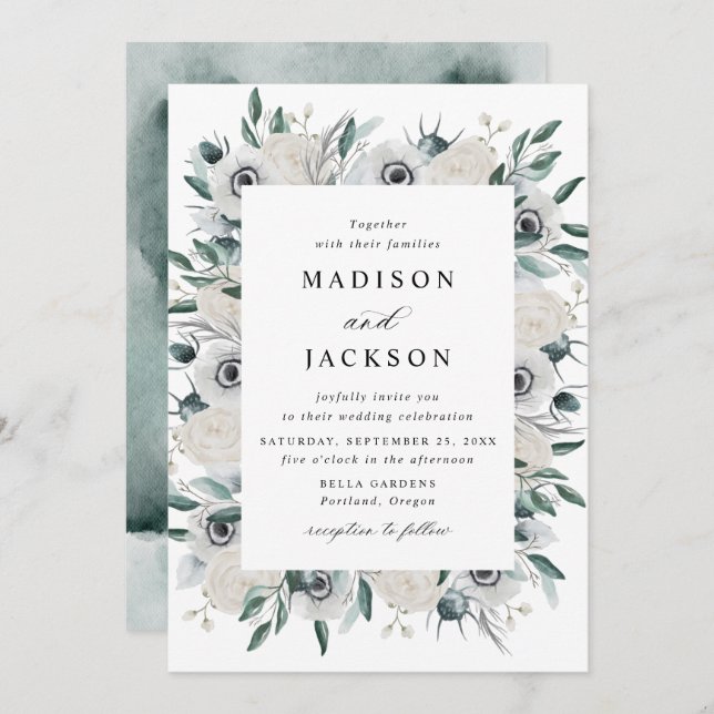 White Anemones and Roses Floral Wedding Invitation (Front/Back)