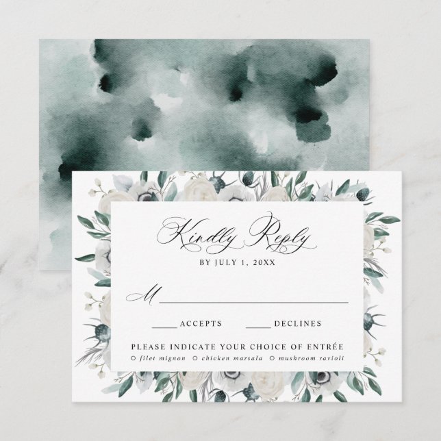 White Anemones and Roses Meal Choice Wedding RSVP Card (Front/Back)