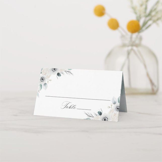 White Anemones and Roses Personalised Wedding Place Card (Front)