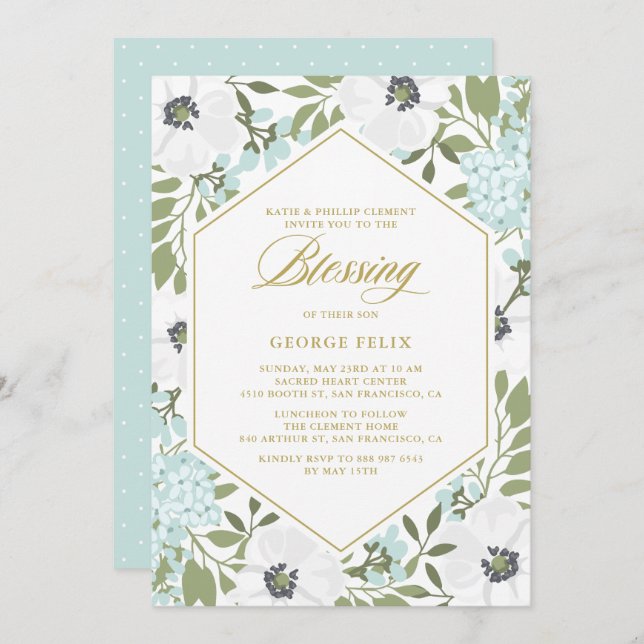 White Anemones Blue Floral Baby Blessing Invitation (Front/Back)