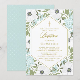 White Anemones Blue Floral Baby Boy Baptism Invitation