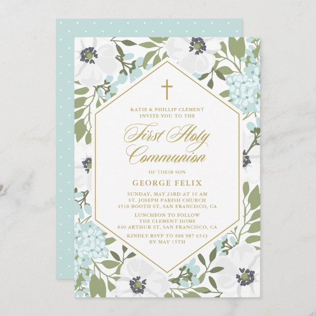 White Anemones Blue Floral First Holy Communion Invitation (Front/Back)
