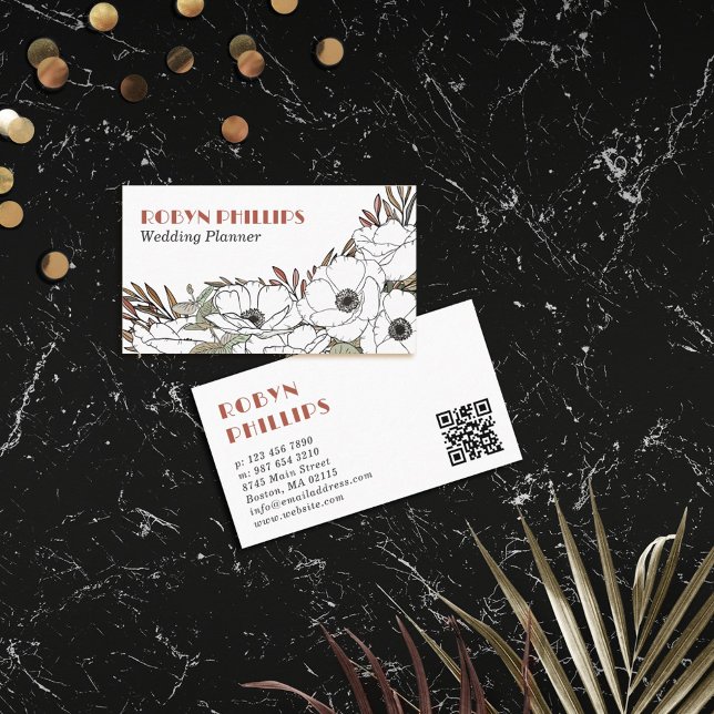 White Anemones Boho Palette Greenery QR Code Business Card (Creator Uploaded)