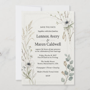 White Anemones, Eucalyptus, Birch Branches, Wild G Invitation