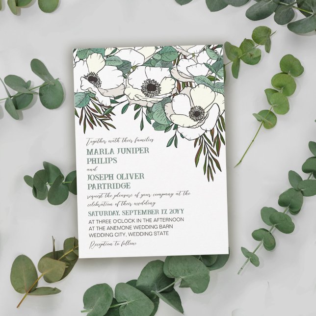 White Anemones Eucalyptus Ilustration Wedding  Invitation (Creator Uploaded)