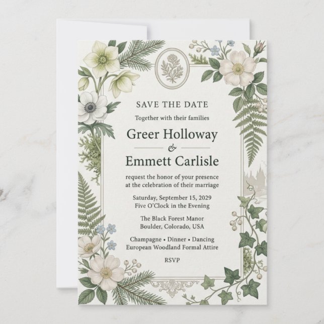 White Anemones, Hellebores, Ferns, Ivy, Berries, O Invitation (Front)
