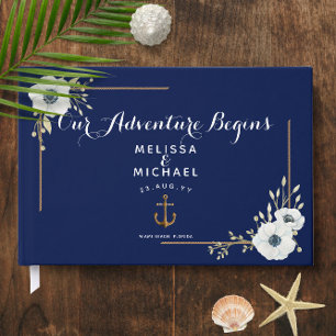 White Anemones + Navy Blue Nautical Wedding Guest Book
