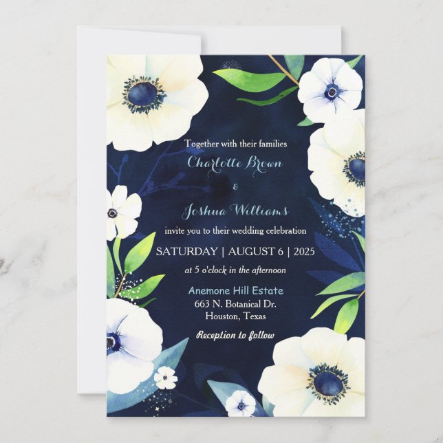White Anemones Navy Blue Wedding Invitation (Front)