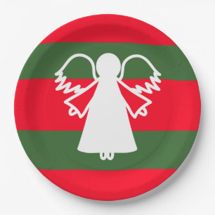 White Angel Wings Red Dark Green Stripes Holiday Paper Plate