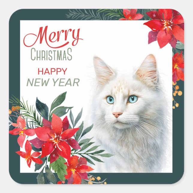 White Angora Cat Poinsettia Border Christmas Square Sticker (Front)