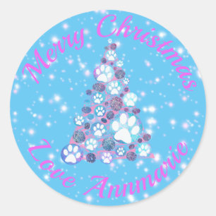 White Animal Paw Pink & Blue Christmas Tree LtBlue Classic Round Sticker