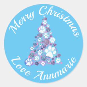 White Animal Paw Pink & Blue XMas Tree Light Blue Classic Round Sticker