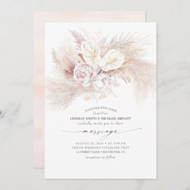 White Anthurium and Pampas Grass Elegant Marriage Invitation (Front/Back)