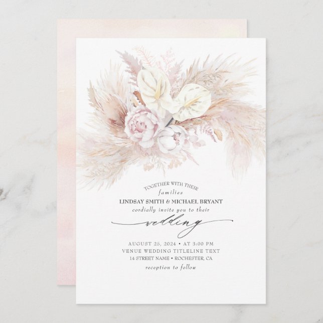 White Anthurium and Pampas Grass Elegant Wedding Invitation (Front/Back)