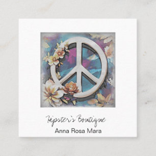 *~* White AP57 QR Peace Sign Flowers Grunge Boho Square Business Card