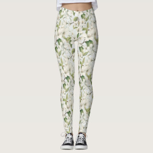 White Apple Blossom Floral All-Over-Print Leggings