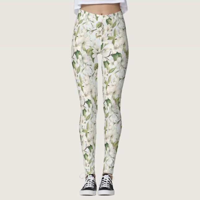 White Apple Blossom Floral All-Over-Print Leggings (Front)