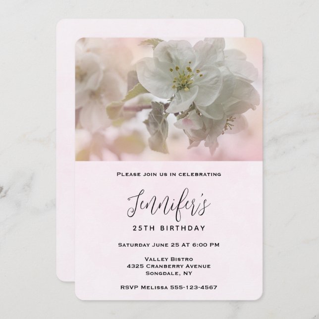 White Apple Blossom Photograph Birthday Invitation (Front/Back)