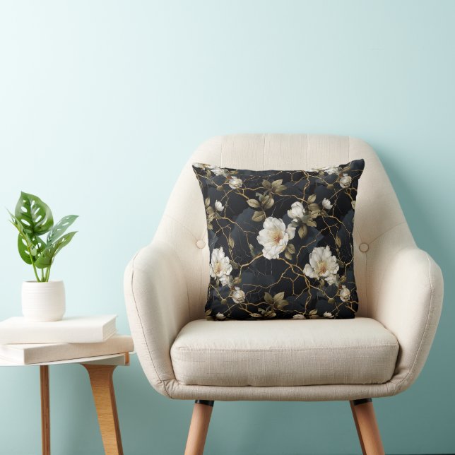 White Apple Blossoms on Black Gold Background Cushion (Chair)