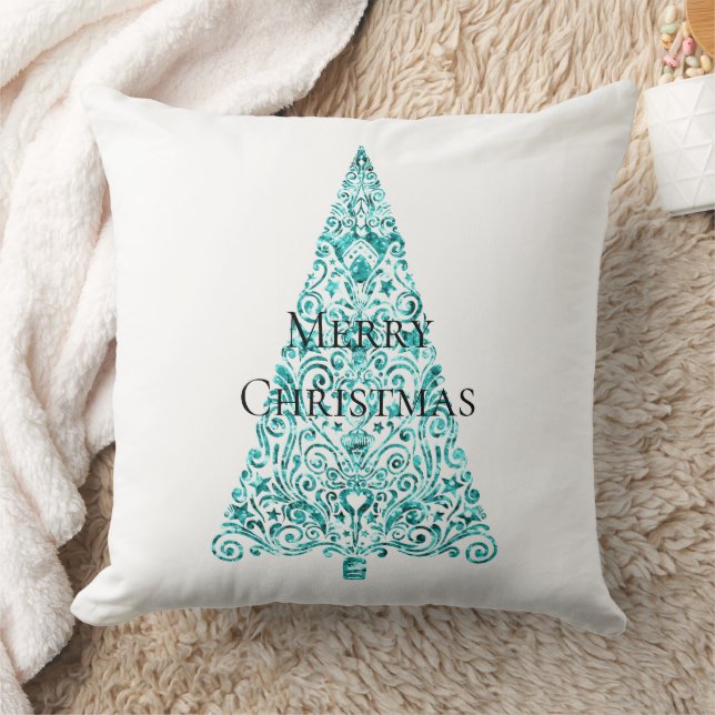 White Aqua Blue Christmas Tree Cushion (Blanket)