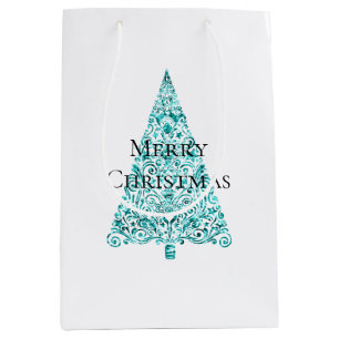 White Aqua Blue Christmas Tree Medium Gift Bag