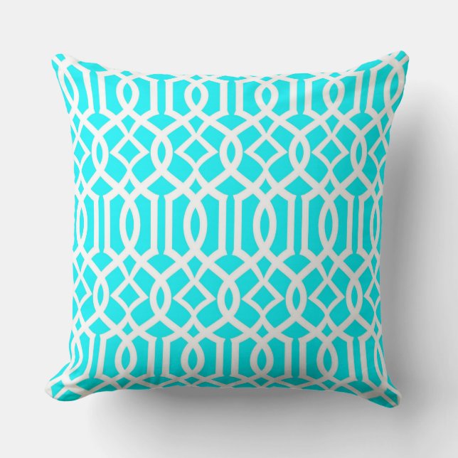 White Aqua Blue Moroccan Trellis Decor Pillow (Front)