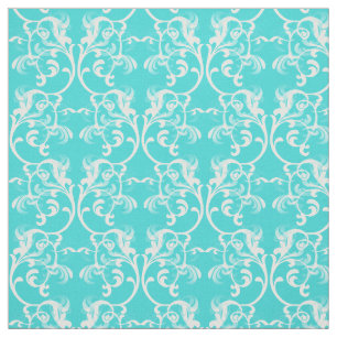 White Aqua Parisian Damask Pattern Fabric