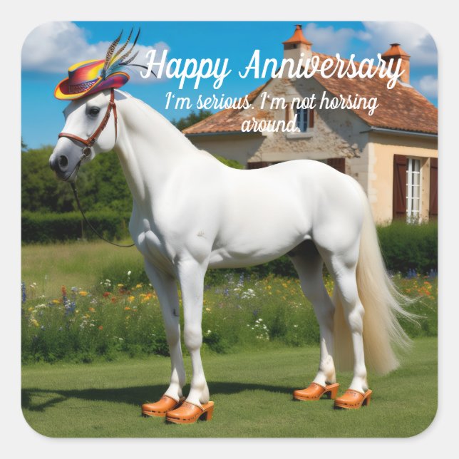 White Arabian Horse wearing hat and clogs Square Sticker (Front)