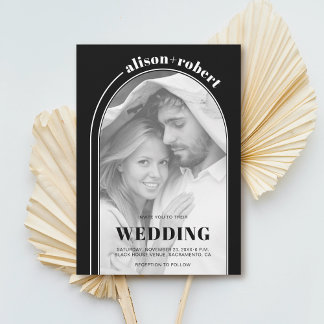 White arch and photo black minimalist wedding invitation
