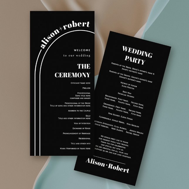 White arch and typography black wedding program rack card (Creator Uploaded)