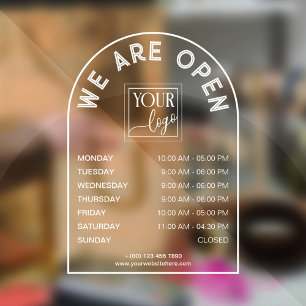 White Arch Shaped Frame Opening Hours Logo