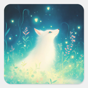 White Arctic Fox in Celestial Midnight Botanical G Square Sticker