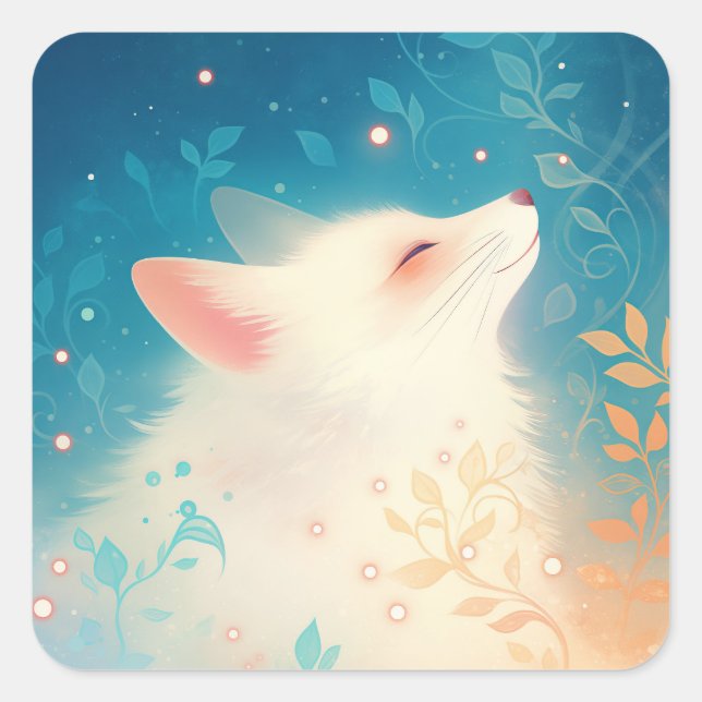 White Arctic Fox in Enchanted Night Forest Garden Square Sticker (Front)