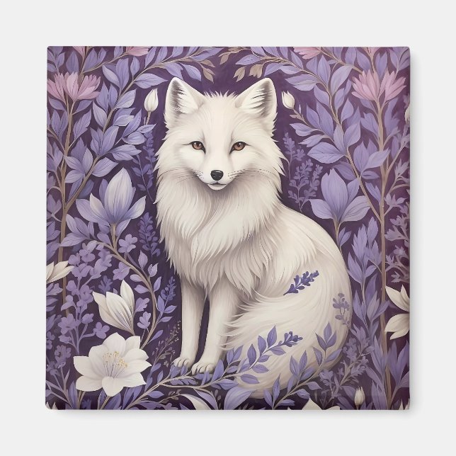White Arctic Fox Lavender William Morris Flowers Magnet (Front)