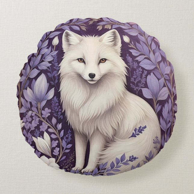 White Arctic Fox Lavender William Morris Flowers Round Cushion (Front)