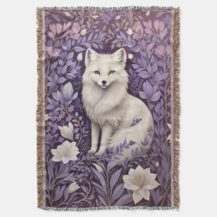 White Arctic Fox Lavender William Morris Flowers Throw Blanket