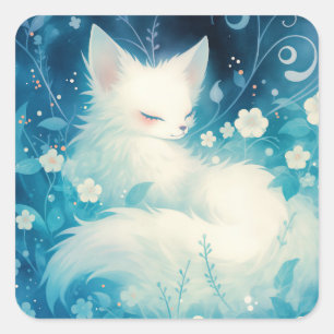 White Arctic Fox Resting in Enchanted Garden Square Sticker